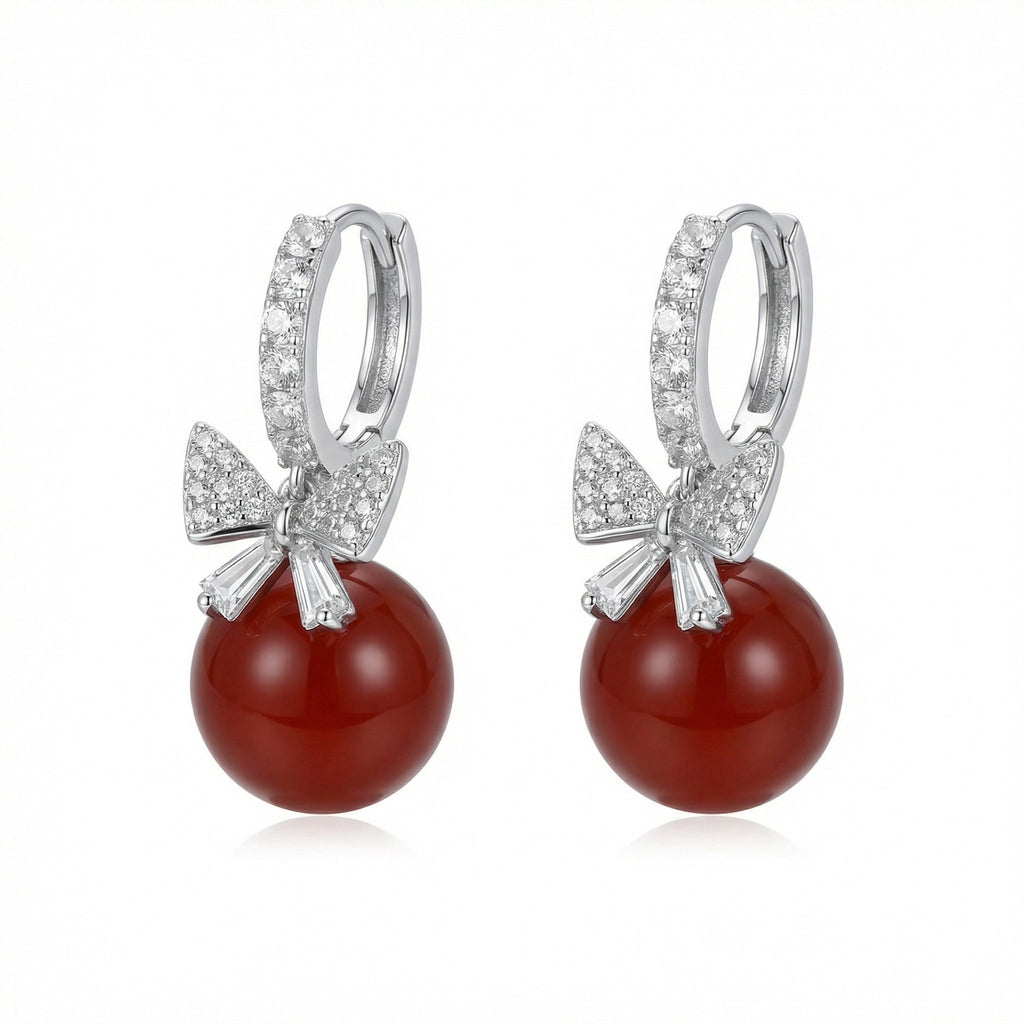 925 Sterling Silver Elegant Red Agate and Sparkling Crystal Bowknot Drop Hoop Earrings Vera Lux