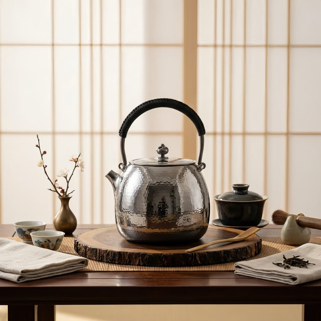 Pure 999 Fine Silver Elegant Hand-Hammered Polished Silver Teapot with Traditional Woven Handle - Handicraft Vera Lux