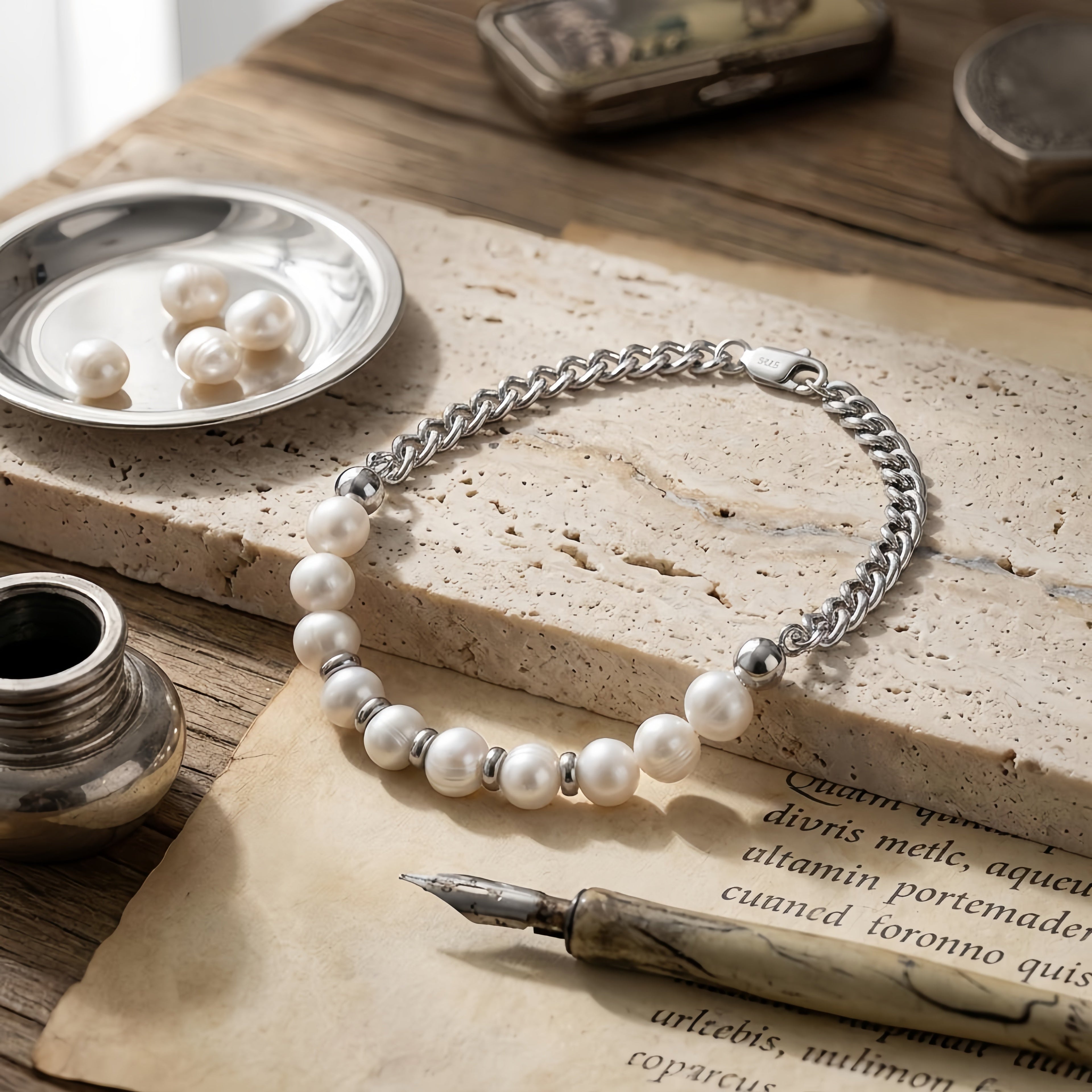 925 Sterling Silver Elegant Pearl and Sterling  Chain Bracelet with Classic Design Vera Lux