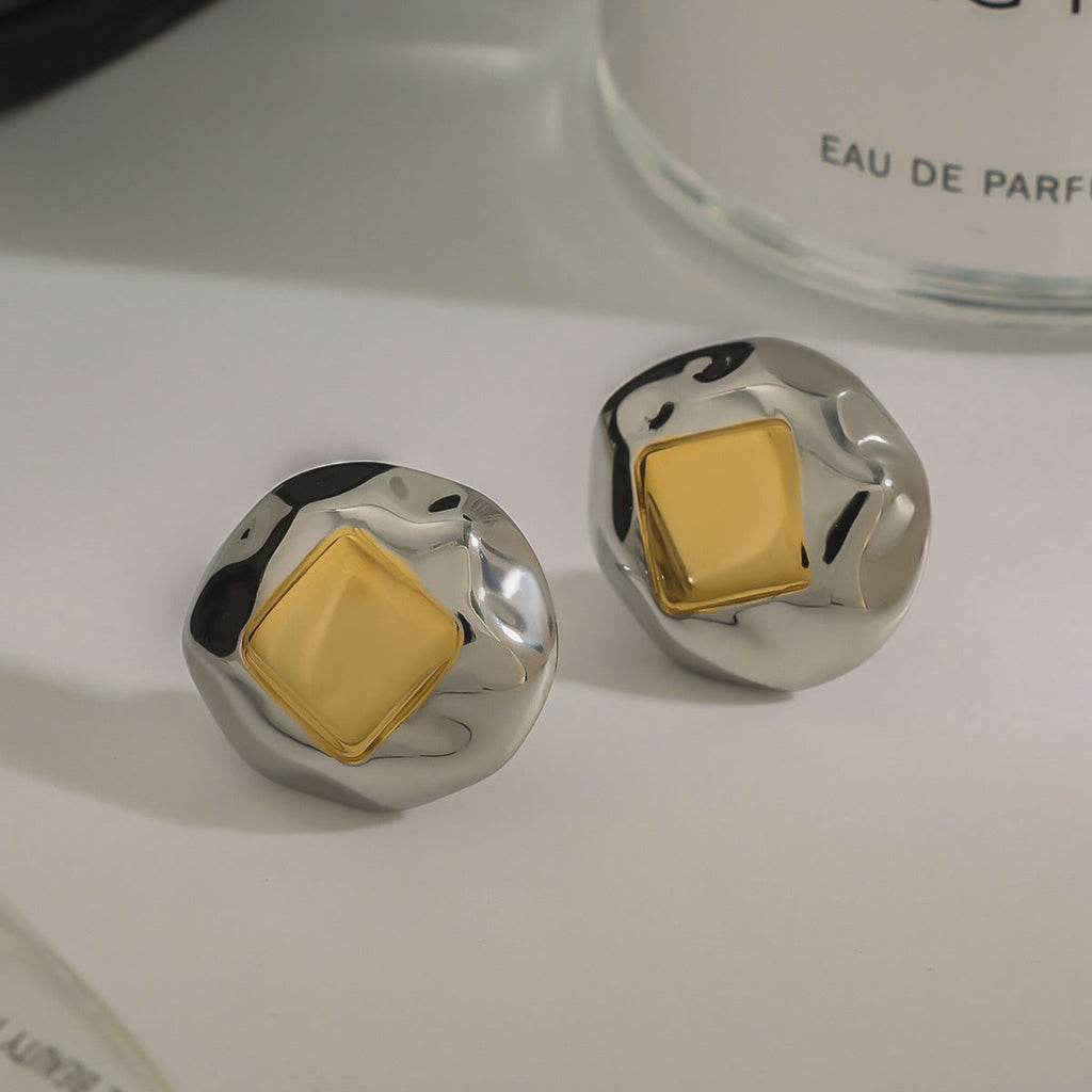 18K gold geometric inlay with gold and silver color matching design unique personality earrings Vera Lux