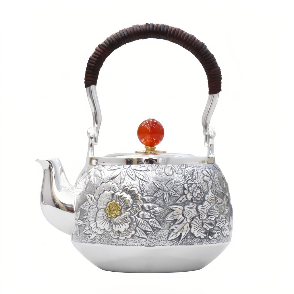 925 Sterling Silver Handcrafted Silver Floral Teapot with Red Agate Knob and Woven Handle - Handicraft Vera Lux