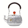 925 Sterling Silver Handcrafted Silver Floral Teapot with Red Agate Knob and Woven Handle - Handicraft Vera Lux