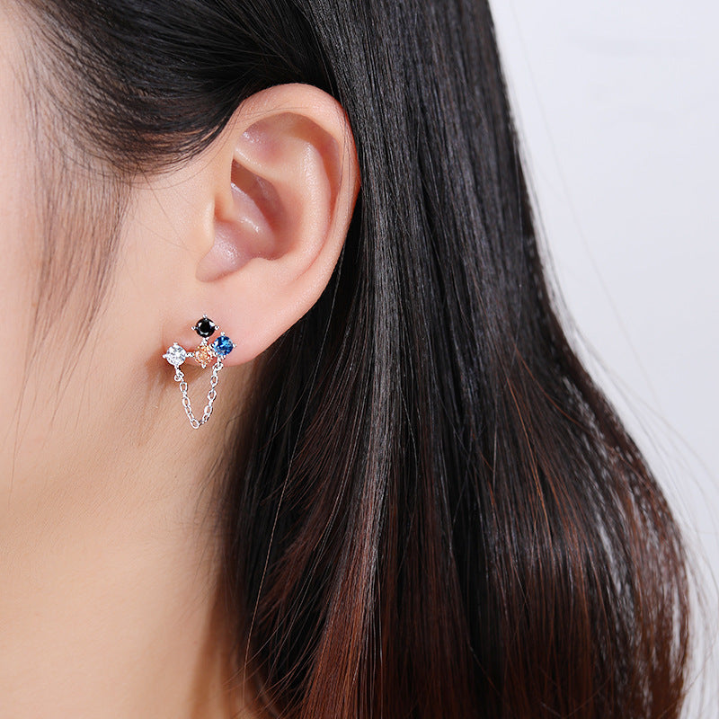 S925 Silver Asymmetric Multicolor Zircon Tassel Drop Earrings, Women Unique Versatile Dangle Jewelry Vera Lux