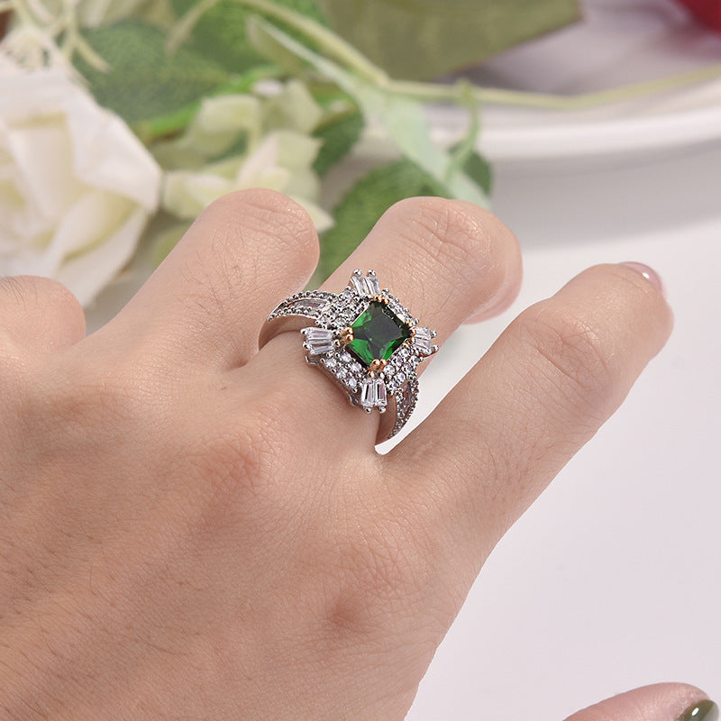 Square Princess Ring With Simulated Emerald Zircon, Micro Pave Full Stone Engagement Band Vera Lux