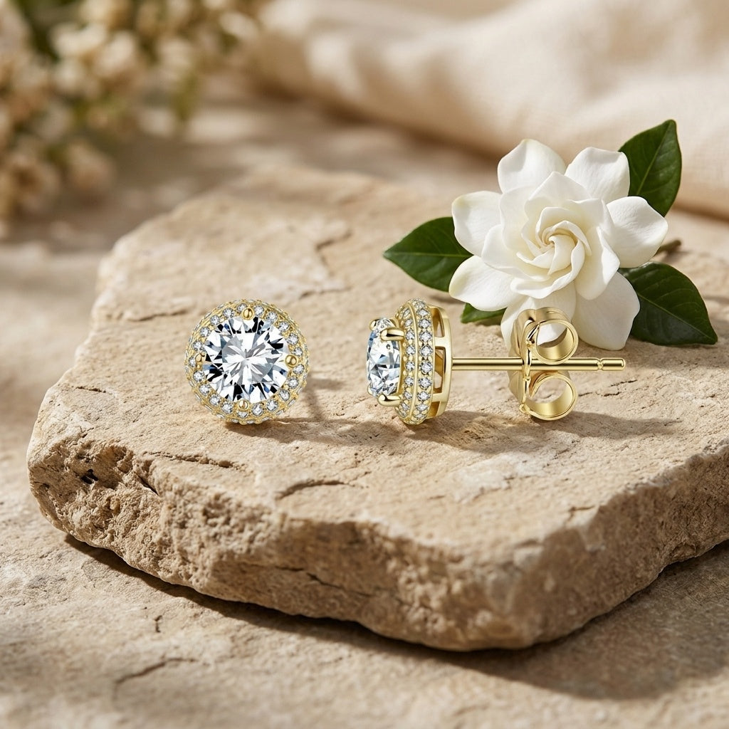 925 Sterling Silver Elegant Gold CZ Halo Stud Earrings with Butterfly Backs Vera Lux