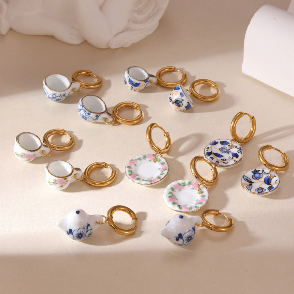 New Chinese Blue And White Porcelain Earrings, 18K Gold Plated Stainless Steel Ceramic Dainty Drop Earrings For Women Vera Lux