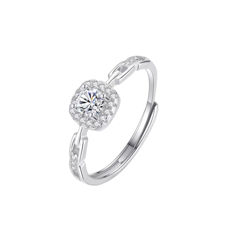 S999 Pure Silver Full Zircon Square Sugar Ring For Women, Niche INS Style, Light Luxury Premium Square Zircon Chain Index Finger Ring Vera Lux