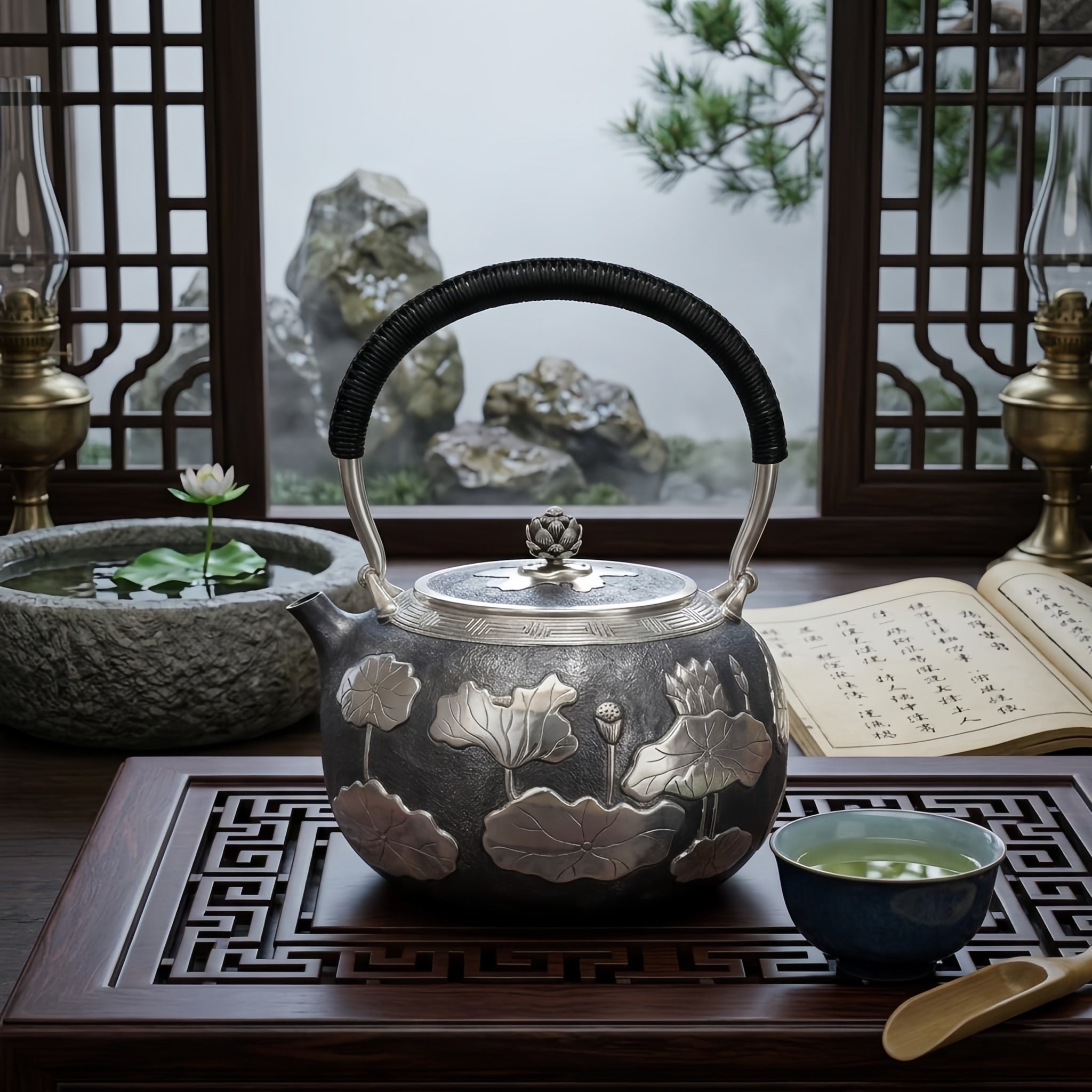 925 Sterling Silver Artisan Crafted Silver Teapot Featuring Embossed Lotus Pond Motif and Black Cord Handle - Handicraft Vera Lux