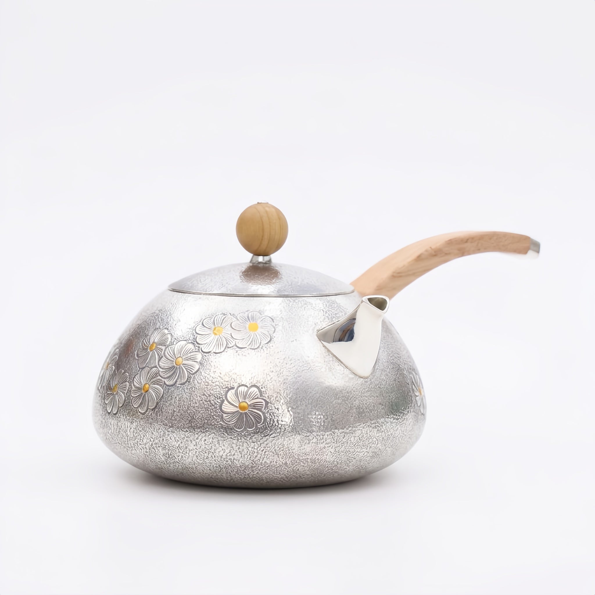 Pure 999 Fine Silver Hand-Hammered Silver Teapot with Delicate Floral Engravings and Sandalwood Handle - Handicraft Vera Lux