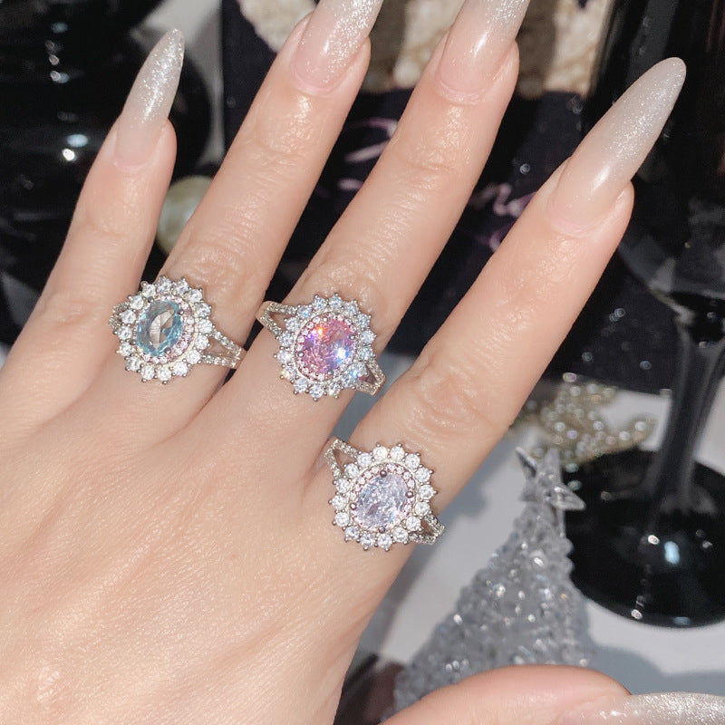 Women's Zircon Simulated Aquamarine Sunflower Ring, Luxury Full Pave Topaz Gemstone Jewelry Vera Lux