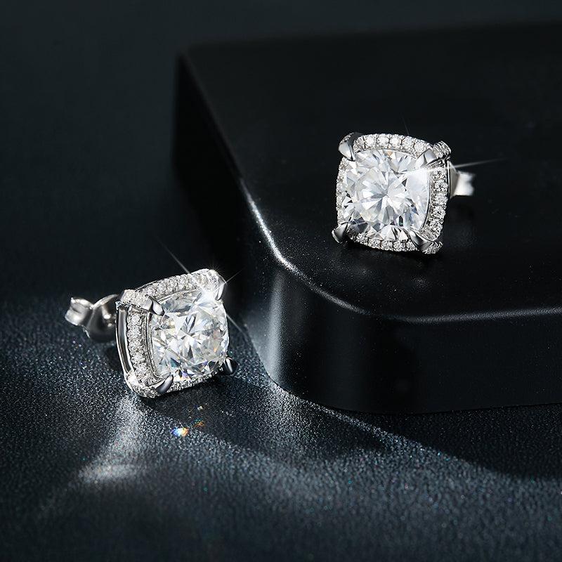 S925 Sterling Silver 8x8mm Cushion Cut Moissanite Stud Earrings  Platinum Plated Halo Setting With GRA Certificate Luxury Jewelry Gift Box Set For Women Vera Lux