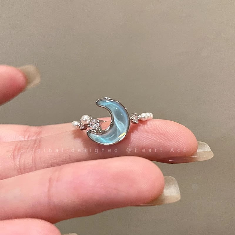 Glacier Blue Star Moon Open Ring For Women, Light Luxury Minimalist High Grade Index Finger Ring Vera Lux
