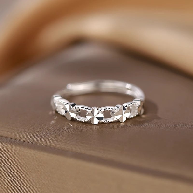 S999 Pure Silver Carved Flower Ring For Women, Light Luxury Minimalist Hollow Floral Forest Style, Premium Open Index Finger Ring Vera Lux