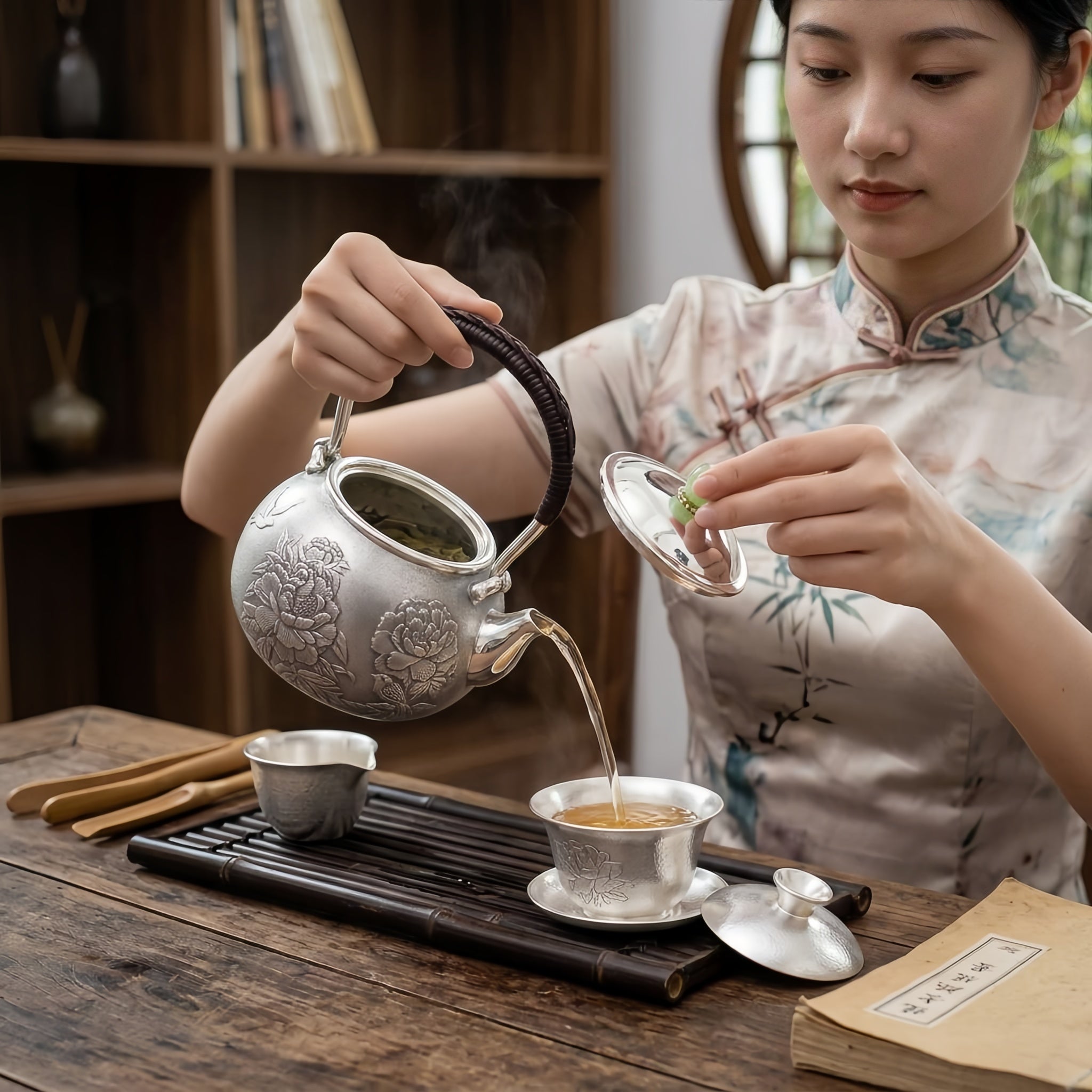 Pure 999 Fine Silver Handcrafted Silver Teapot Featuring Intricate Peony Engravings and Green Jadeite Lid Knob - Handicraft Vera Lux