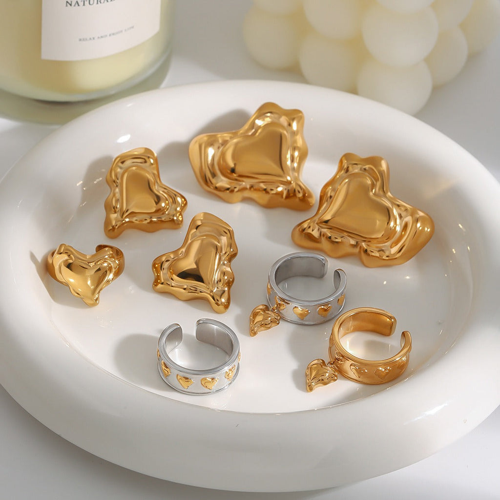 18K Gold Heart Design Trendy Personalized Earring and Ring Set Vera Lux