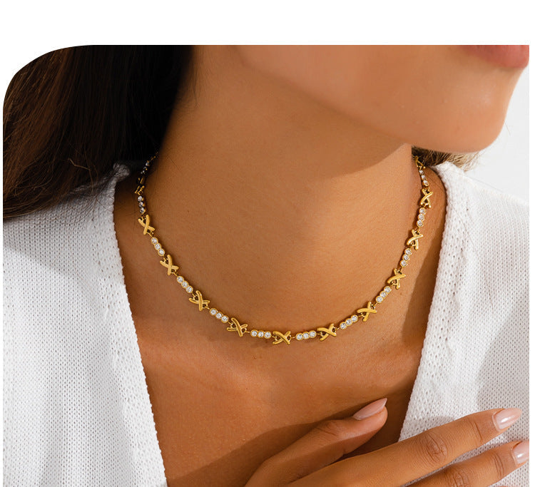 X-shaped Diamond-studded Necklace Set For Ladies - Luxurious And High-end, Featuring A Sparkling Array Of Diamonds And A Stainless Steel Bracelet Accessory. Vera Lux