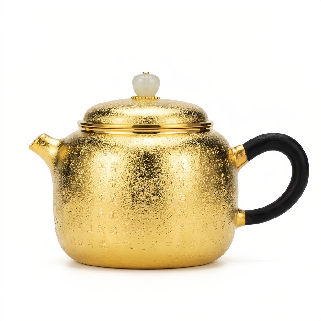 925 Sterling Silver Elegant Engraved Metallic Tea Kettle with Traditional Calligraphy and Smooth Jade Accents - Handicraft Vera Lux