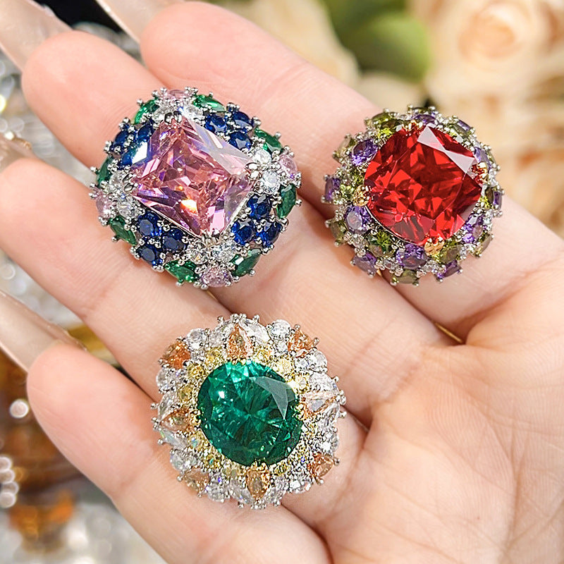 Luxury Oval Cut Simulated Emerald Ring, Multi-Color Gemstone Pave Setting Statement Ring For Women Vera Lux