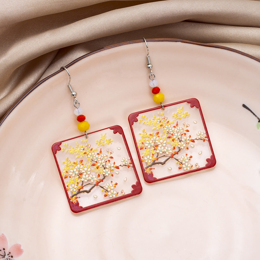 Designer Geometric Square Womens Branch And Flower Transparent Acrylic Earrings Vera Lux