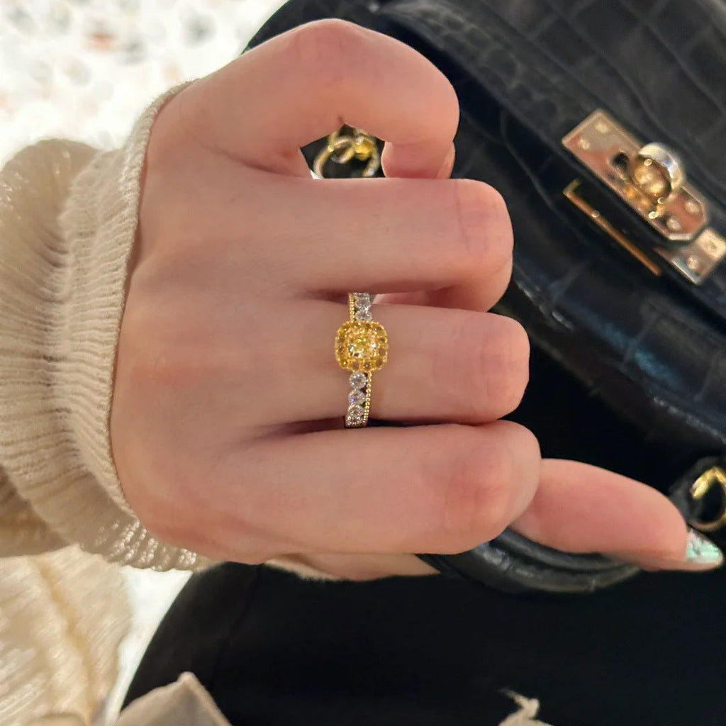 Light Luxury Yellow Diamond Sugar Cube & Pineapple Ring, Niche Design, High-End Exquisite Fashion Gemstone Ring For Women Vera Lux