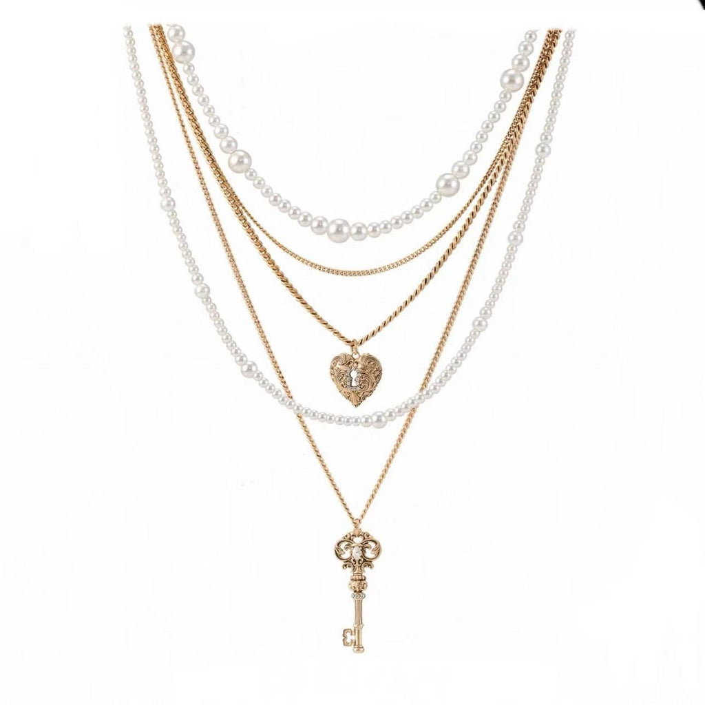 Retro Love Lock Core Series Multi-Layer Pearl Necklace Vera Lux
