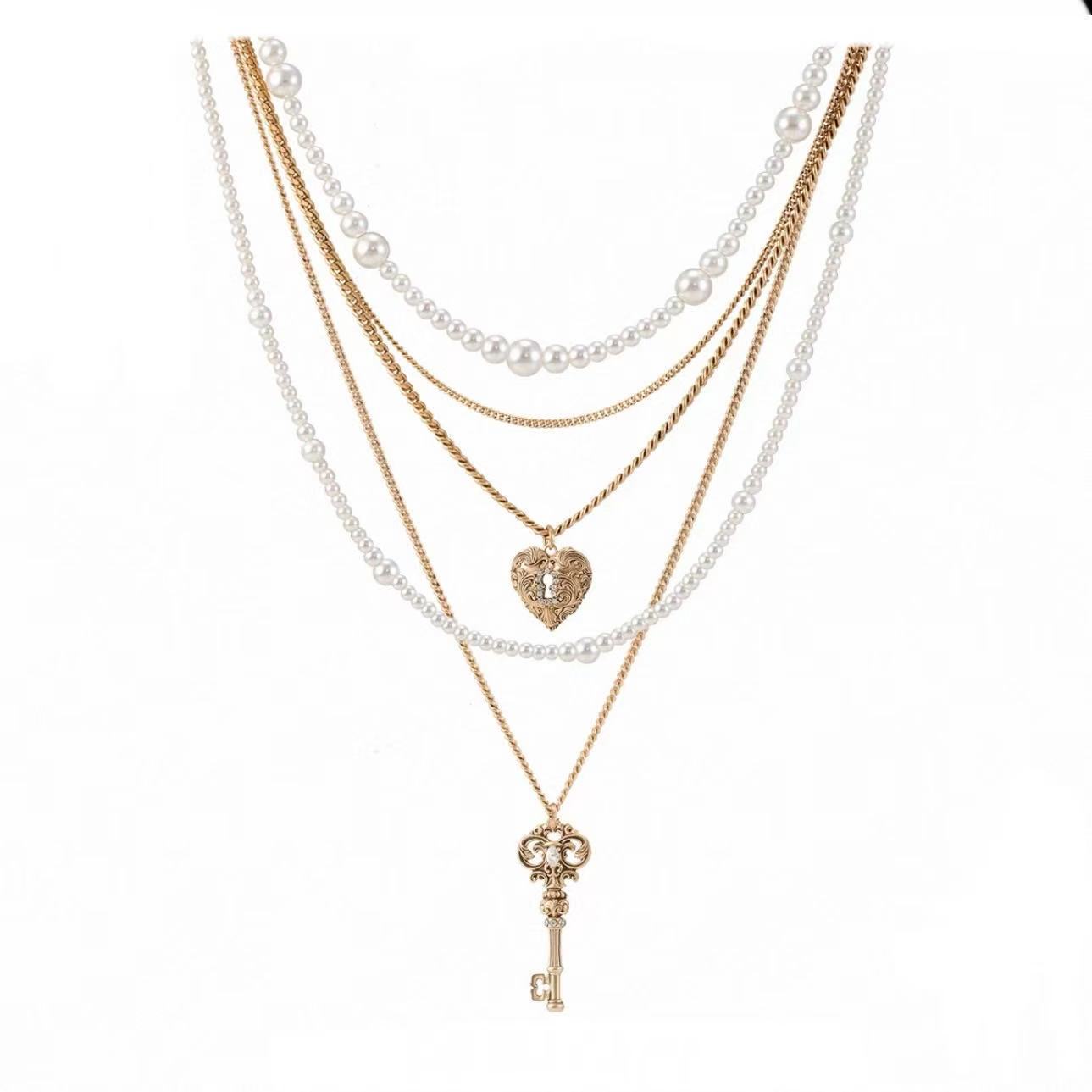 Retro Love Lock Core Series Multi-Layer Pearl Necklace Vera Lux
