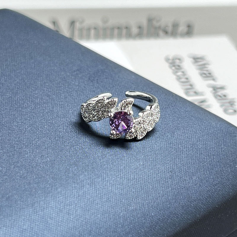 Nine Purple Fire Series Inlaid Purple Rhinestone Open Ring, Sweet Cool Light Luxury High Sense Niche Designer Band, Trendy Adjustable Finger Jewelry For Women Daily Outfit Matching Vera Lux