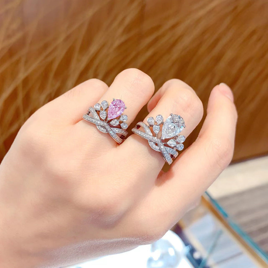 Pear Cut Simulated Ruby Crown Ring, Luxury Infinity Pave Band Promise Ring For Women Vera Lux