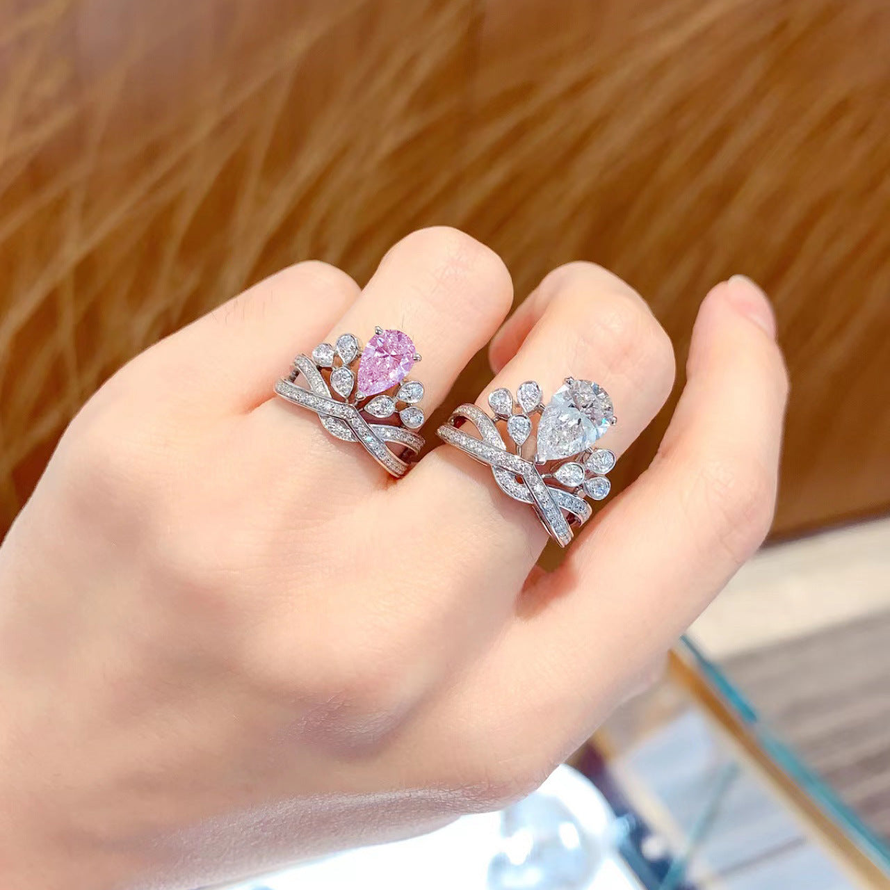 Pear Cut Simulated Ruby Crown Ring, Luxury Infinity Pave Band Promise Ring For Women Vera Lux