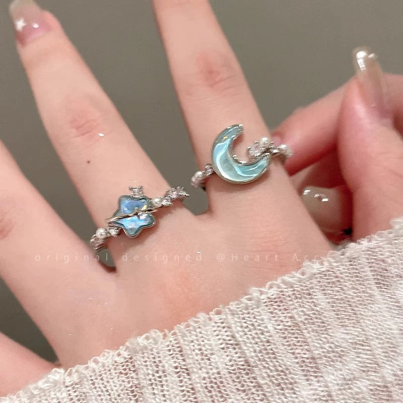 Glacier Blue Star Moon Open Ring For Women, Light Luxury Minimalist High Grade Index Finger Ring Vera Lux