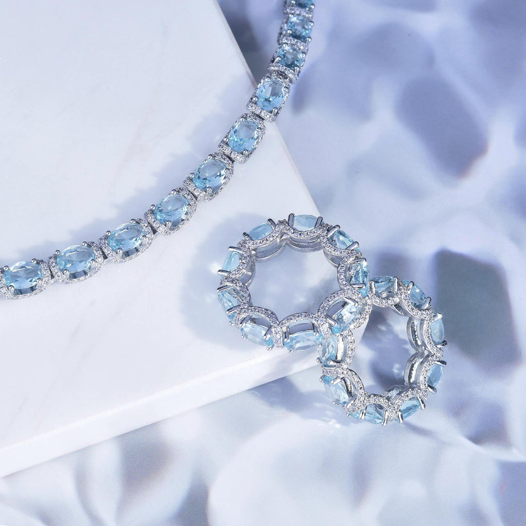 Oval Aquamarine Halo Tennis Bracelet, Luxury Blue Gem Bracelet For Women Vera Lux
