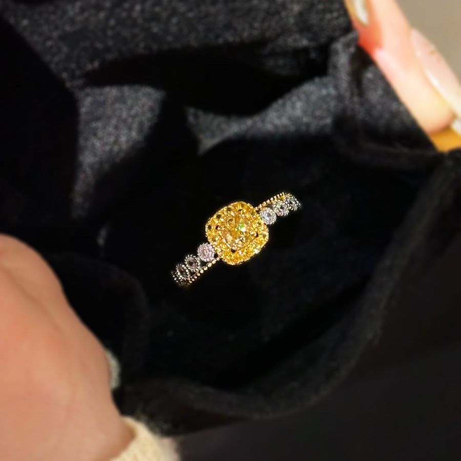 Light Luxury Yellow Diamond Sugar Cube & Pineapple Ring, Niche Design, High-End Exquisite Fashion Gemstone Ring For Women Vera Lux