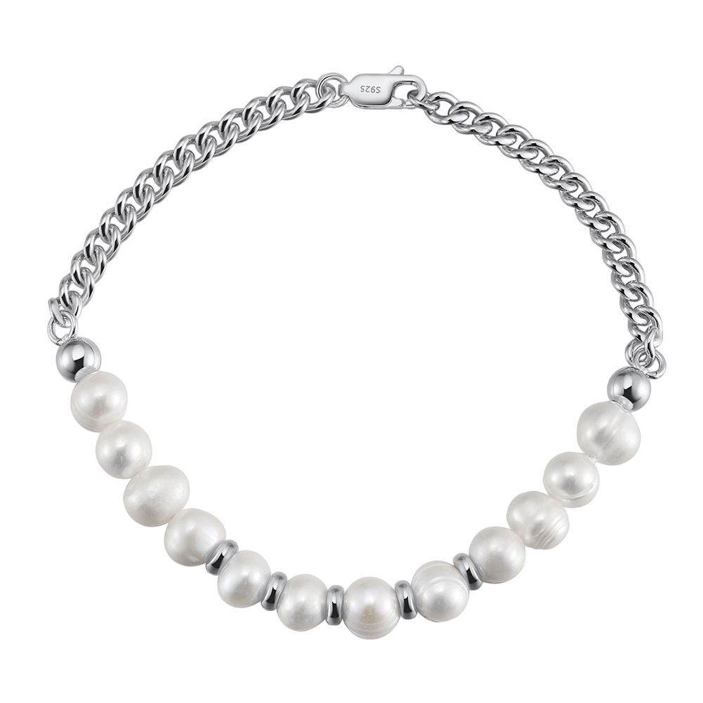 925 Sterling Silver Elegant Pearl and Sterling  Chain Bracelet with Classic Design Vera Lux
