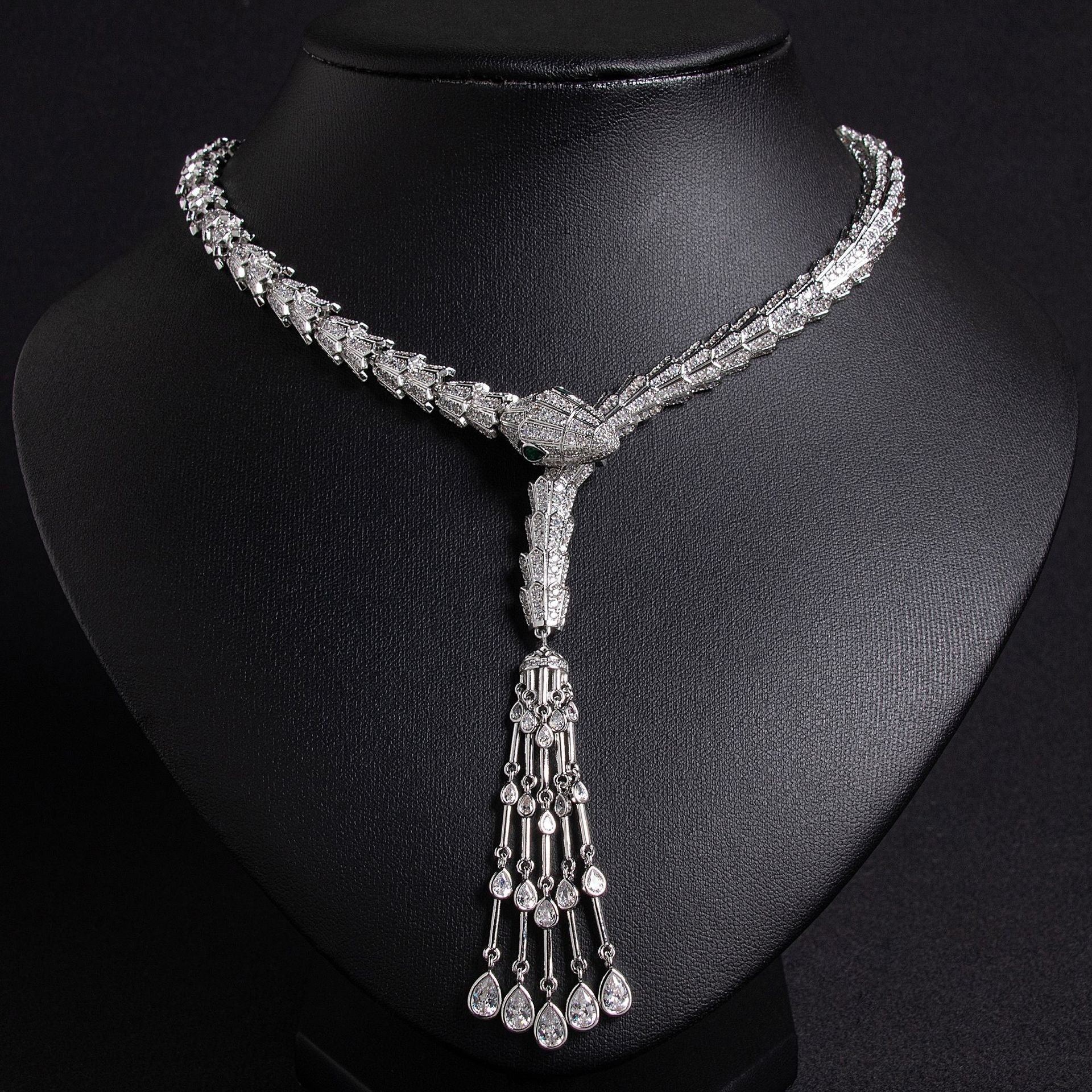 Serpentine Tassel Necklace with Diamonds and Zirconia Vera Lux