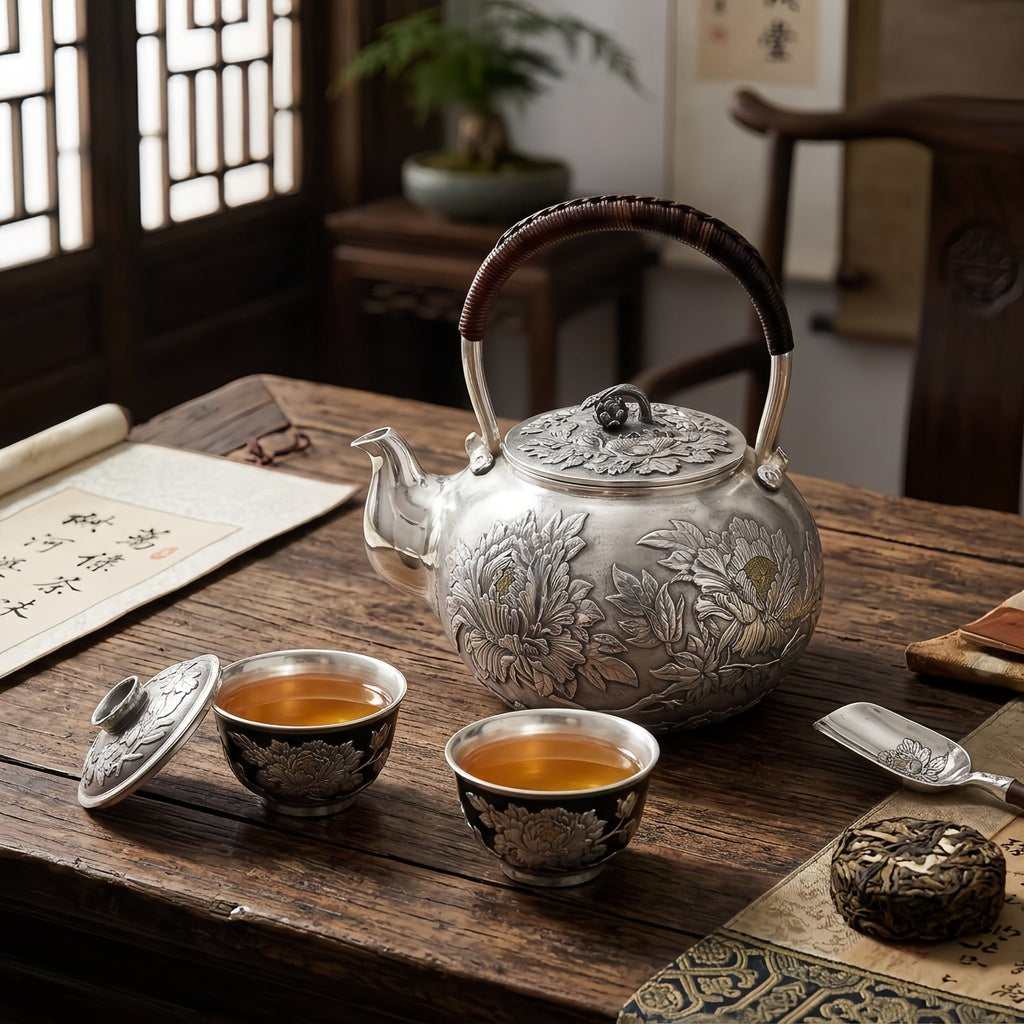 Pure 999 Fine Silver Elegant Silver Teapot with Intricate Peony Engravings and Traditional Woven Handle - Handicraft Vera Lux