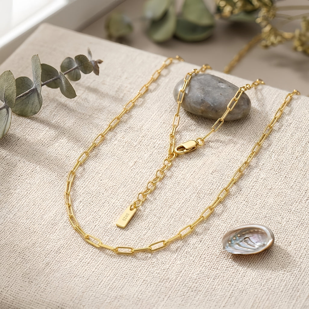 925 Sterling Silver Elegant Gold Paperclip Chain Necklace with Adjustable Length and Lobster Clasp Vera Lux