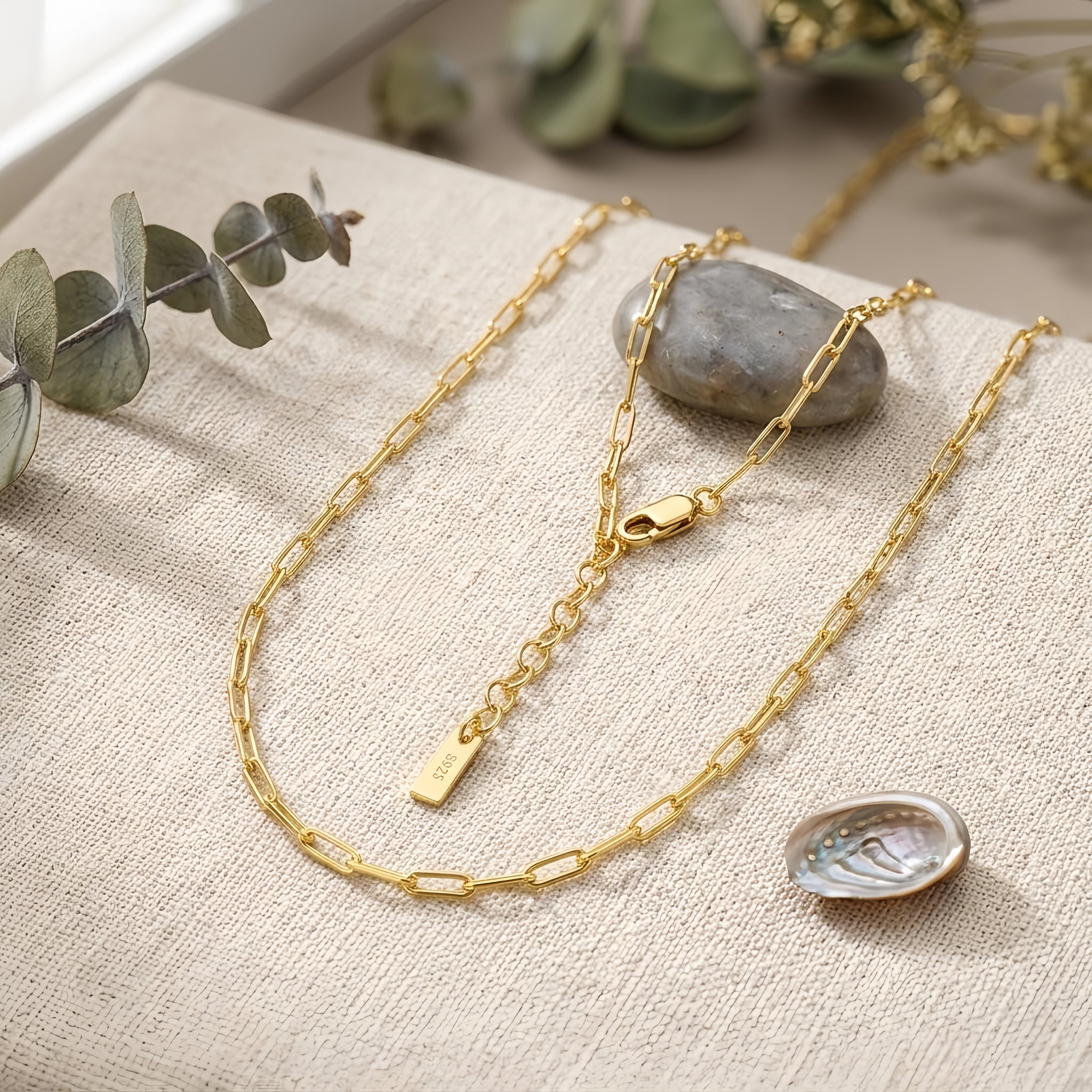 925 Sterling Silver Elegant Gold Paperclip Chain Necklace with Adjustable Length and Lobster Clasp Vera Lux