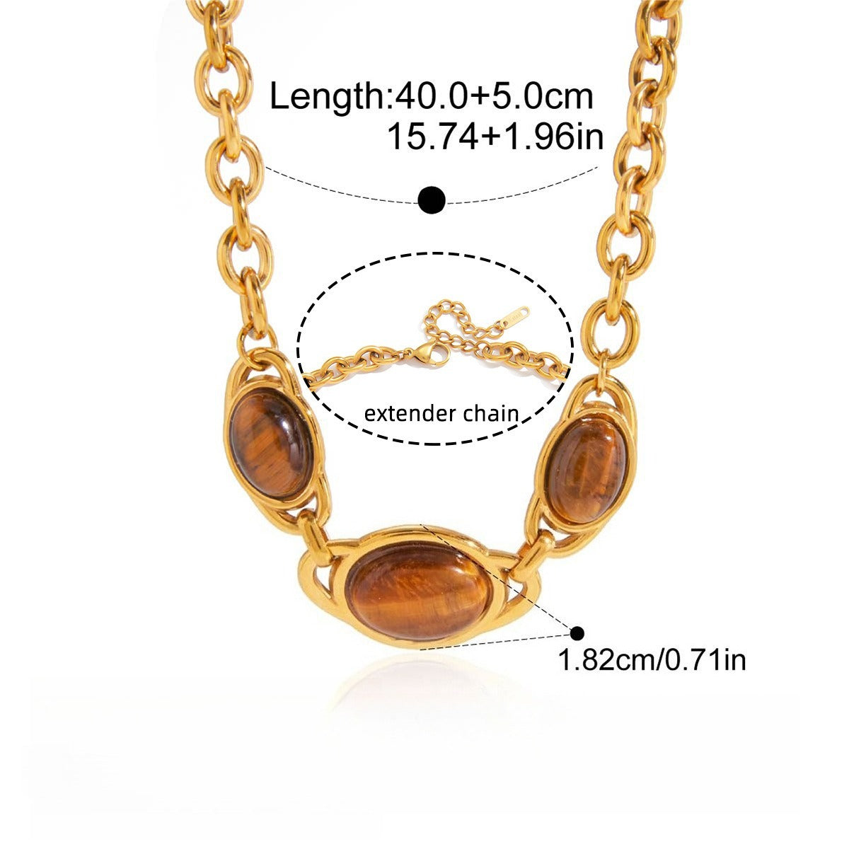 18K gold-plated titanium necklace with tiger's eye. Vera Lux