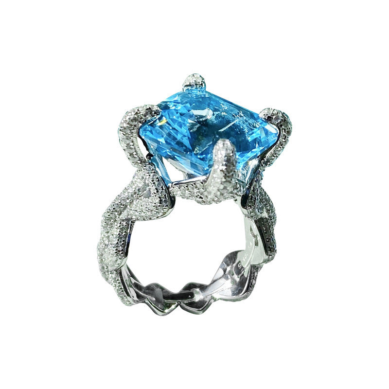 Square Cut Blue Gem Pave Ring, Sparkling Engagement Ring For Her Vera Lux