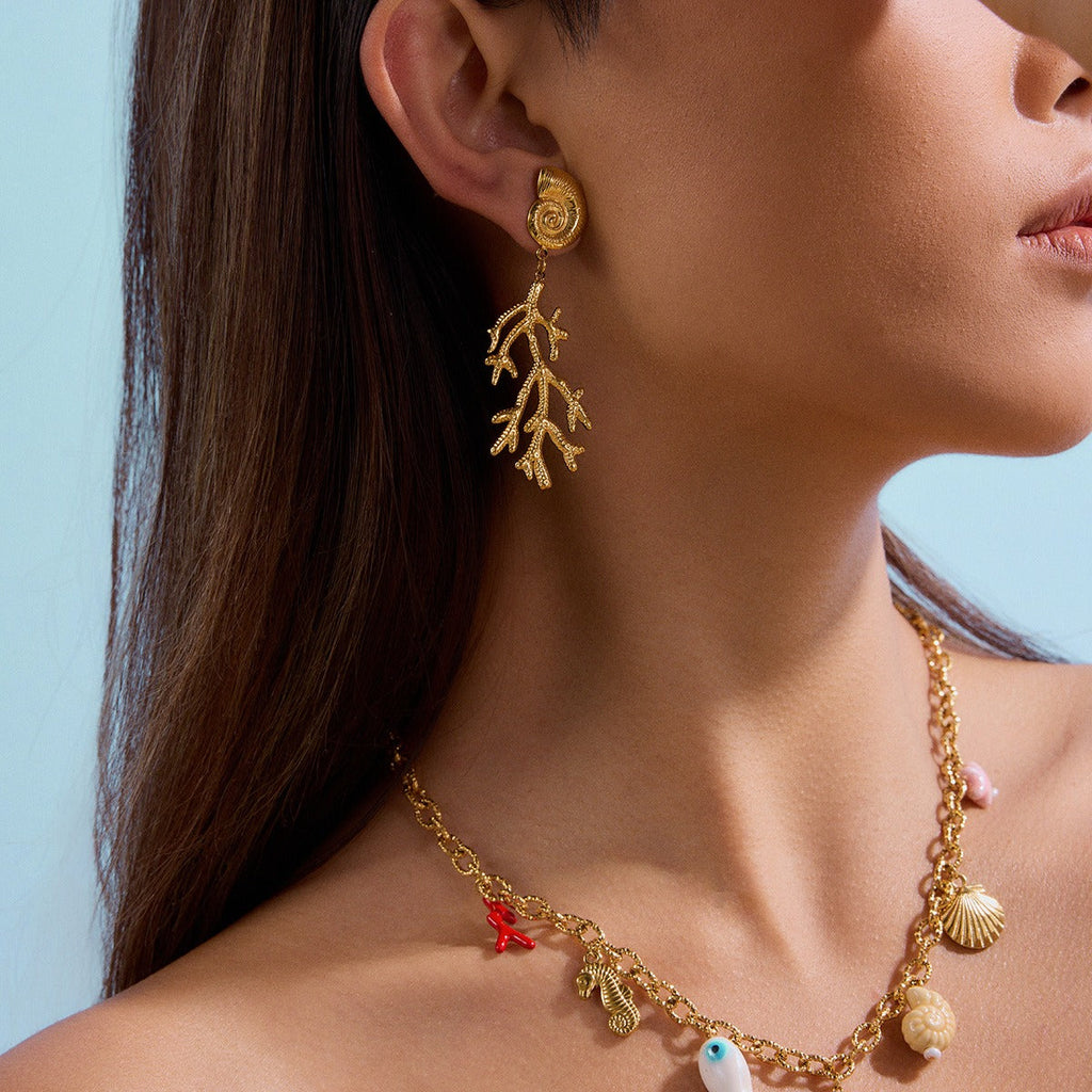 18K gold conch shell with coral design unique and noble earrings Vera Lux