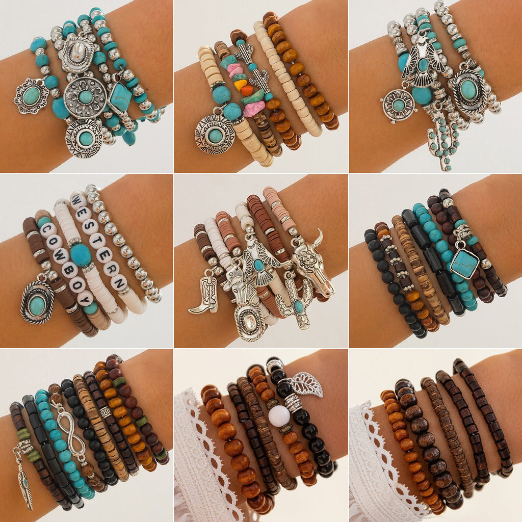 Retro ethnic style bull head turquoise beaded elastic bracelet Vera Lux