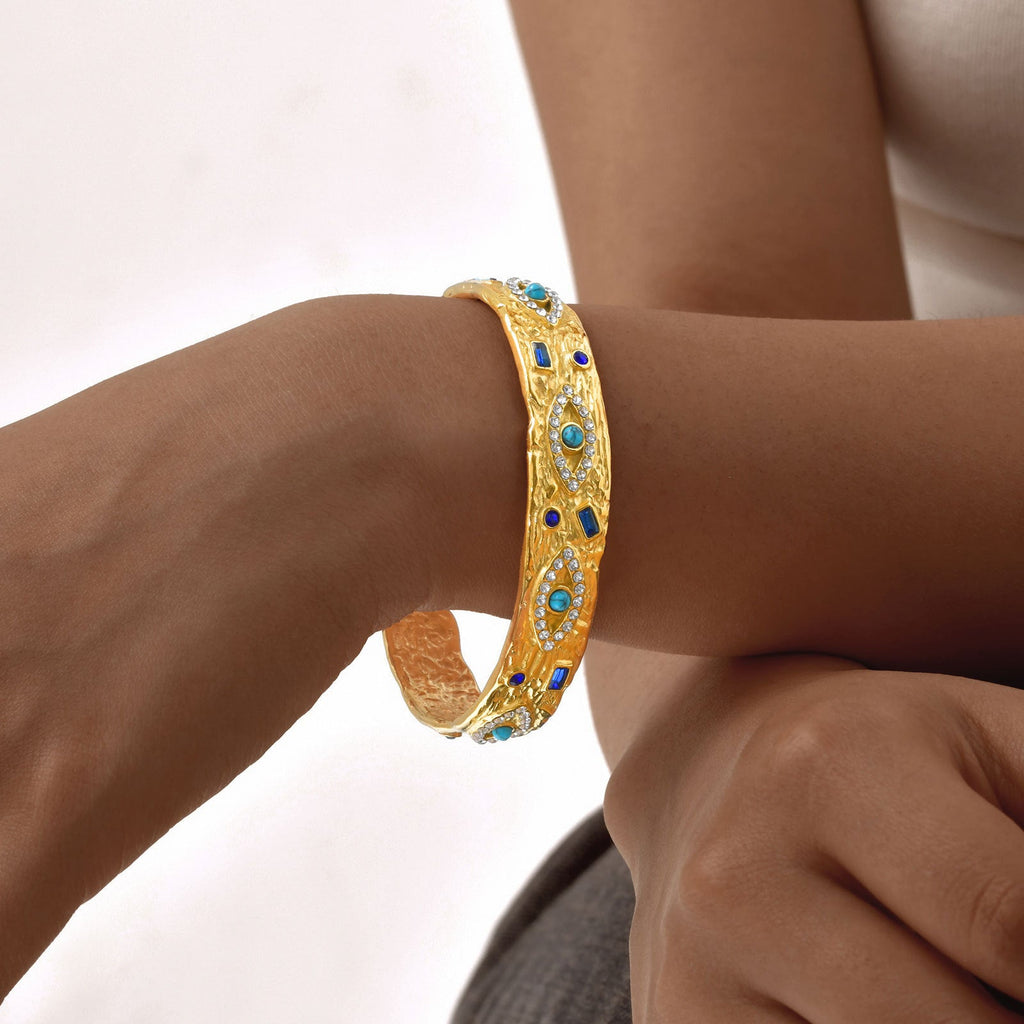 Stainless Steel Zircon Turquoise Eye Open Bracelet In Gold Color Vera Lux