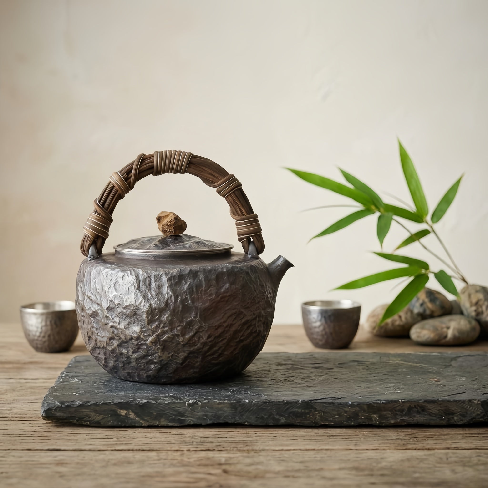 Pure 999 Fine Silver Hammered Metal Teapot with Woven Bamboo Handle and Stone Knob-Fine large teapot - Handicraft Vera Lux