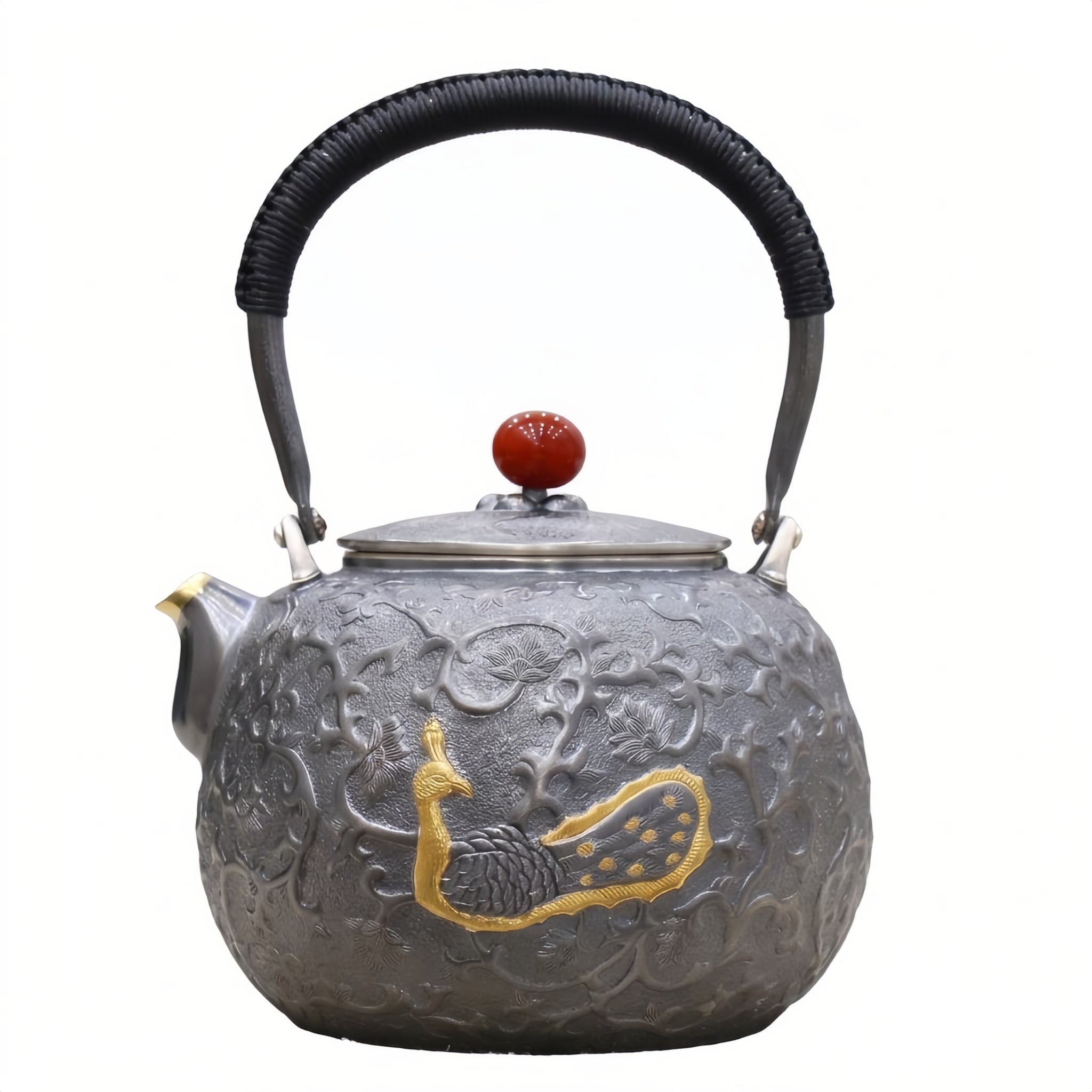 Pure 999 Fine Silver Ornate Handcrafted Silver Teapot Featuring Exquisite Peacock Relief and Crimson Gemstone Finial - Handicraft Vera Lux