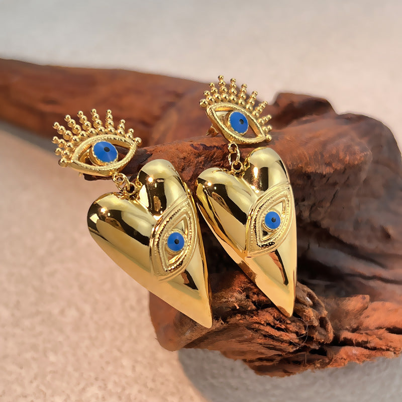 18k Gold-Plated Stainless Steel Dripping Oil Evil Eye Heart Earrings Vera Lux