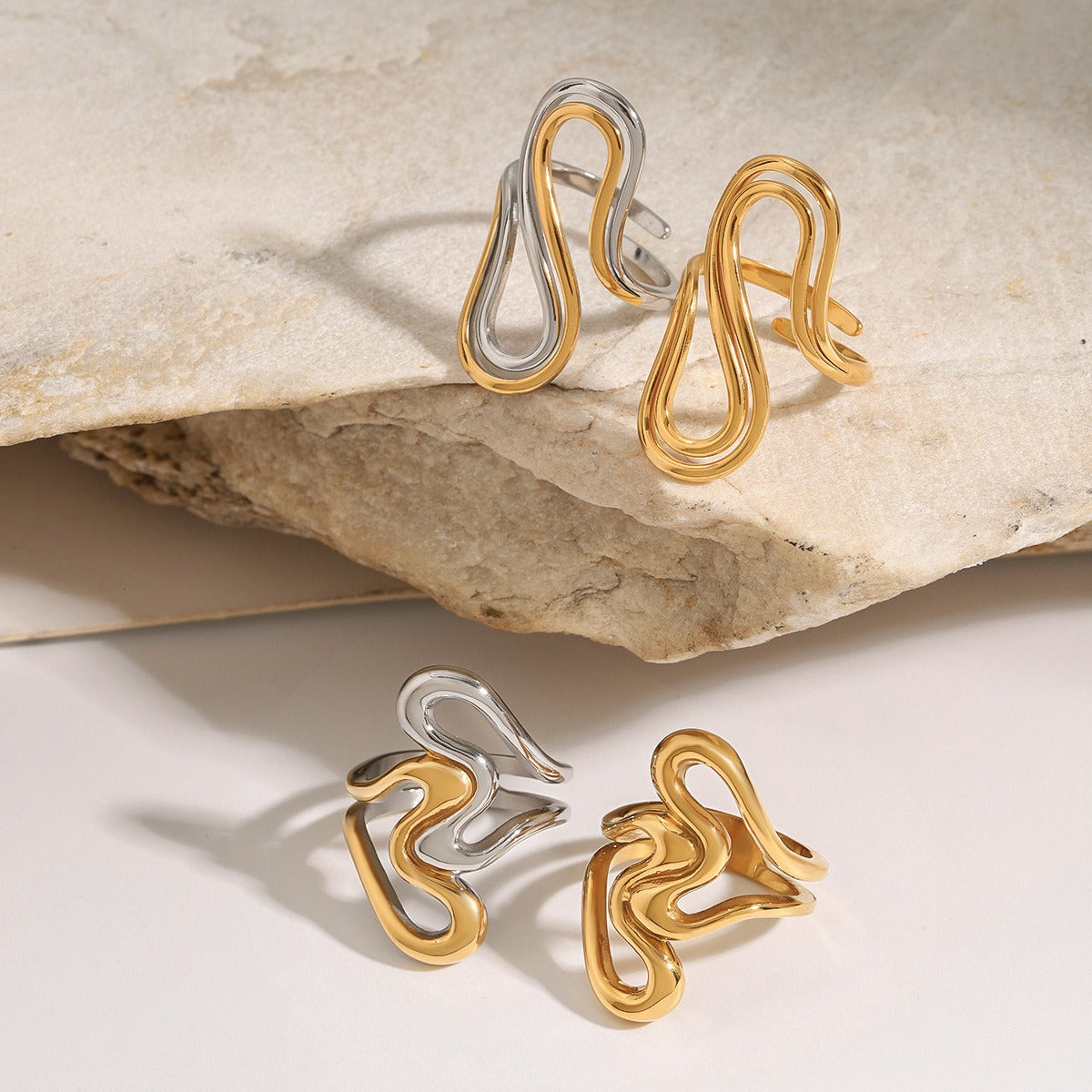 18K gold irregular lines with gold and silver color matching design unique personality ring Vera Lux