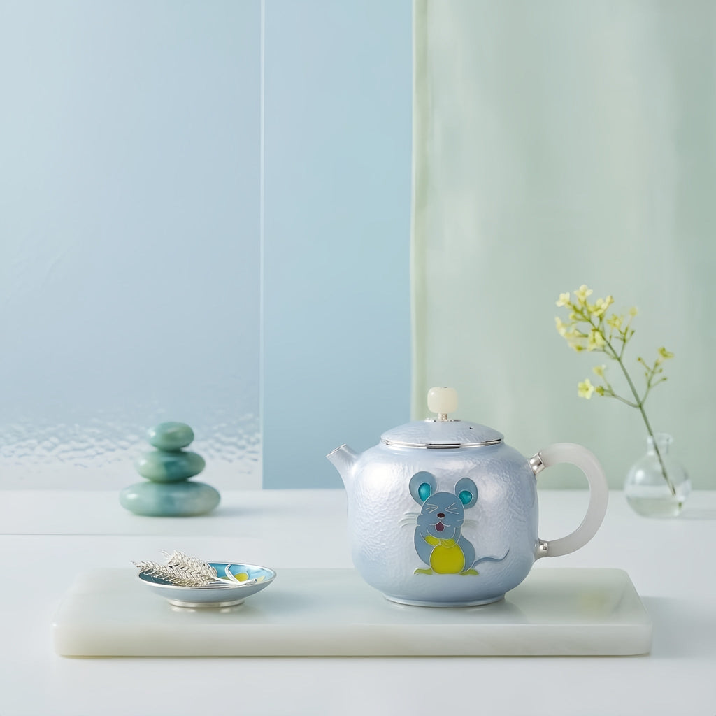 Pure 999 Fine Silver Artistic Blue Enamel Silver Teapot with Playful Mouse Motif and Jade Accents - Handicraft Vera Lux