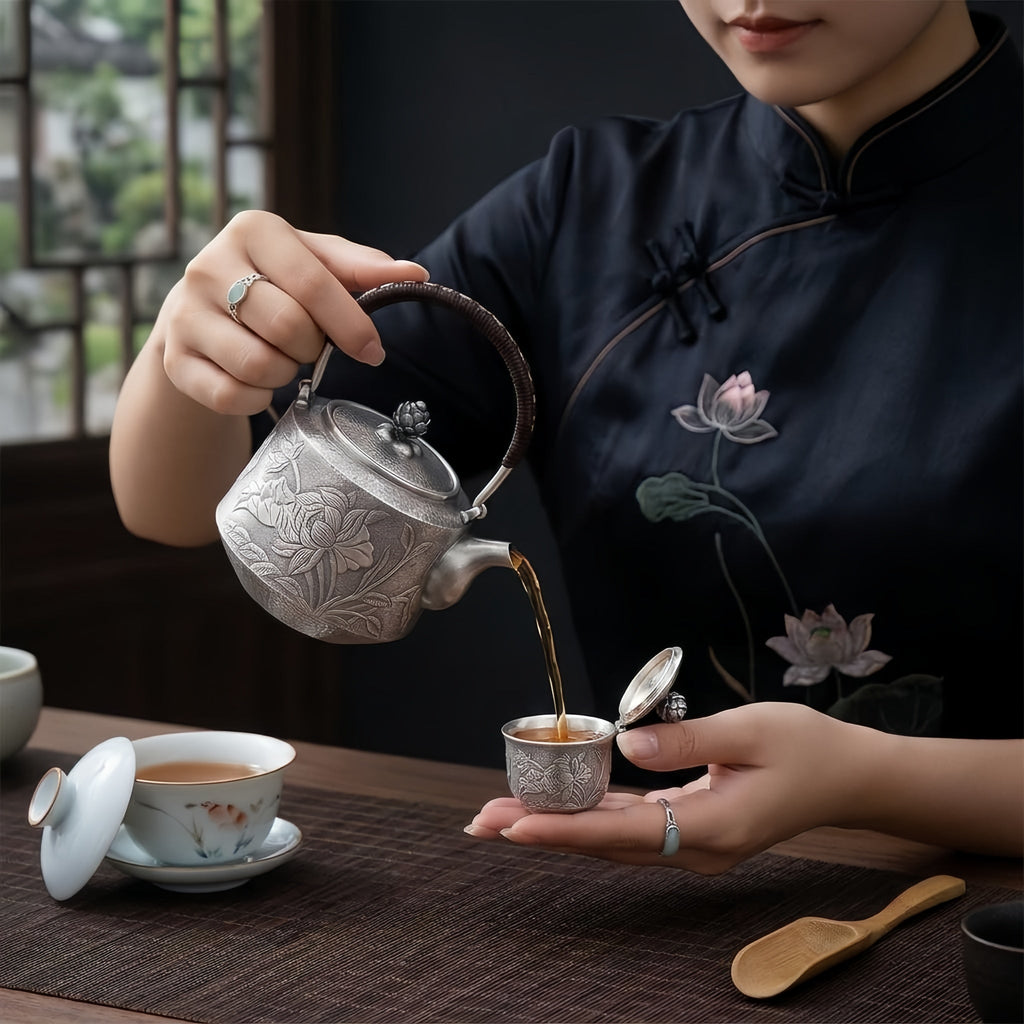 Pure 999 Fine Silver Elegant  Teapot with Handcrafted Floral Engraving, Hammered Texture, and Lotus Lid-Fine Teapot with Handle - Handicraft Vera Lux