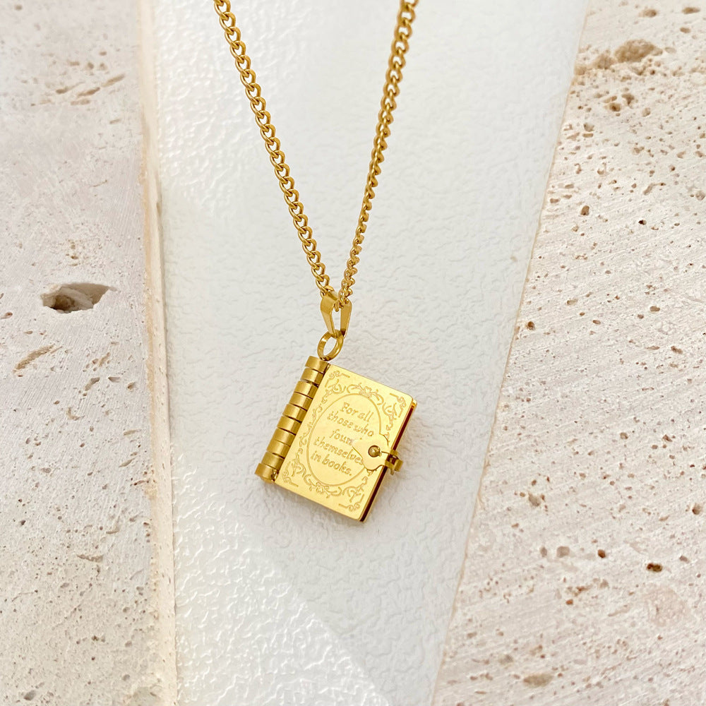 European And American 18k Gold plated Stainless Steel Openable Book Pendant Necklace Vera Lux