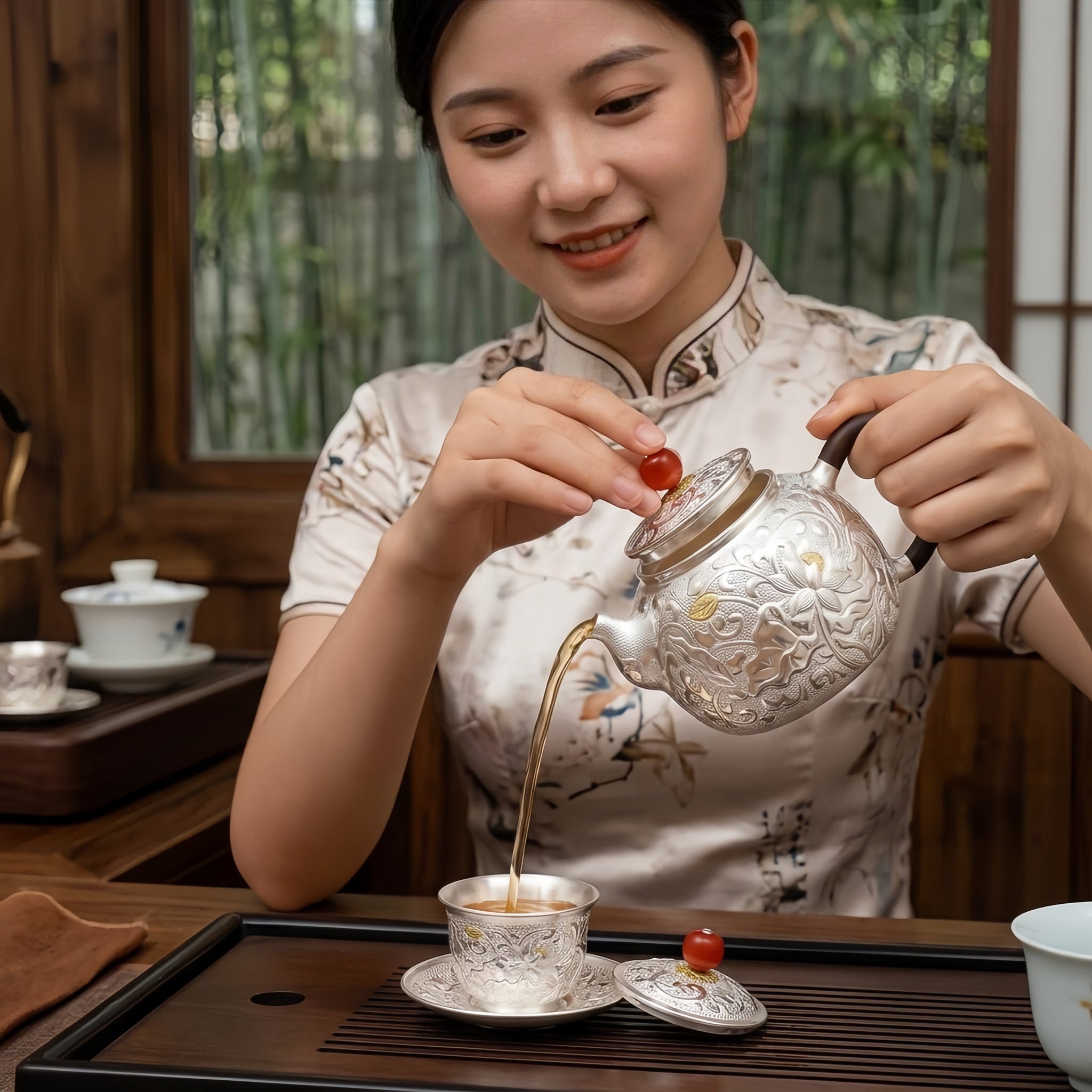Pure 999 Fine Silver Handcrafted Silver Teapot Featuring Intricate Lotus Engravings and a Crimson Finial - Handicraft Vera Lux